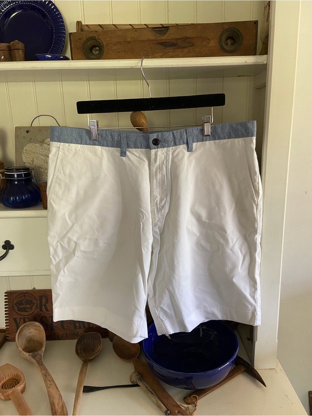 Tommy Hilfiger White Cotton Shorts with Light Blue Waistband